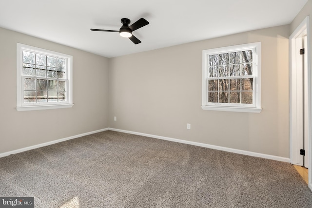 unfurnished room featuring carpet flooring and ceiling fan