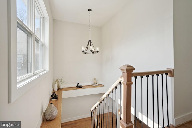 stairs featuring a chandelier and wood-type flooring