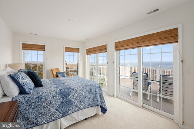 bedroom featuring a water view, access to exterior, and carpet floors