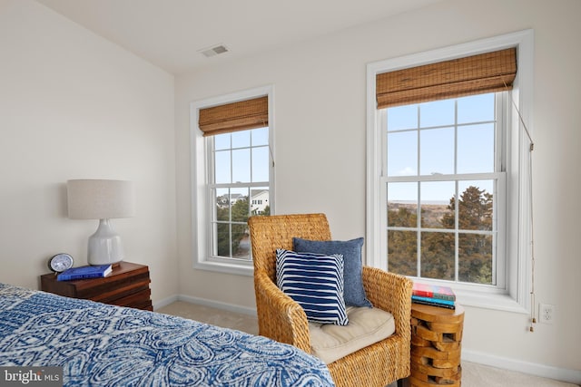 bedroom featuring light colored carpet