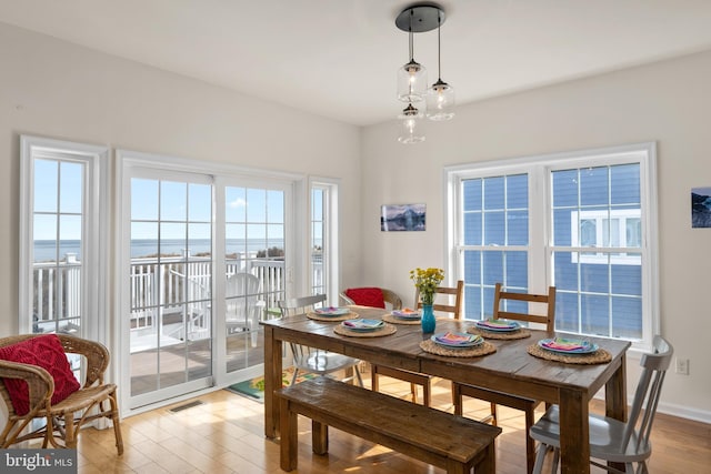 dining room with a water view, a chandelier, and light wood-type flooring