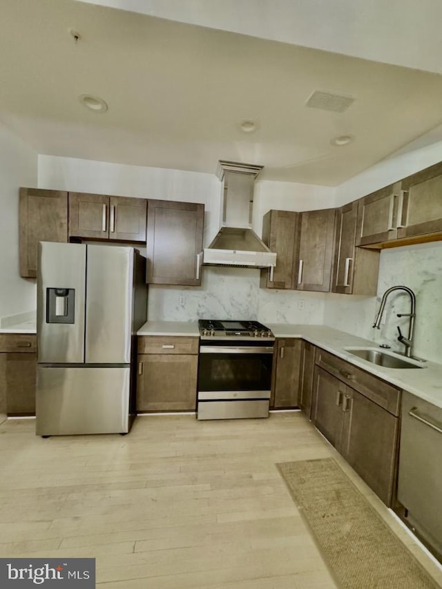 kitchen with custom exhaust hood, stainless steel appliances, light hardwood / wood-style floors, tasteful backsplash, and sink