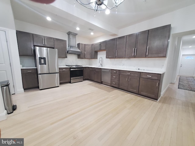 kitchen with stainless steel appliances, light hardwood / wood-style flooring, custom exhaust hood, decorative backsplash, and a notable chandelier