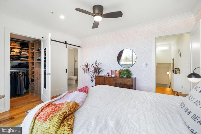 bedroom with ensuite bath, a spacious closet, ceiling fan, ornamental molding, and light wood-type flooring