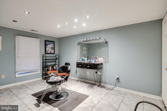 living area featuring light tile patterned flooring