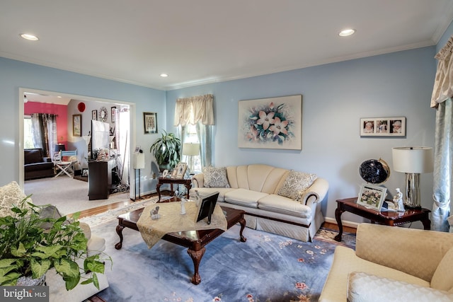 living room with ornamental molding