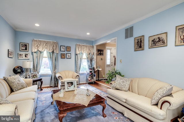 living room featuring hardwood / wood-style floors and crown molding