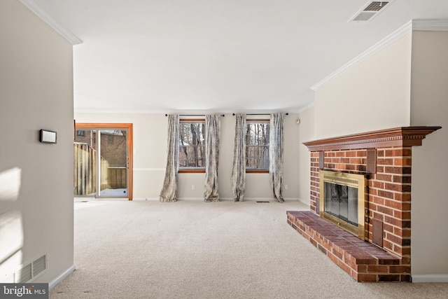 unfurnished living room with carpet, a brick fireplace, and ornamental molding