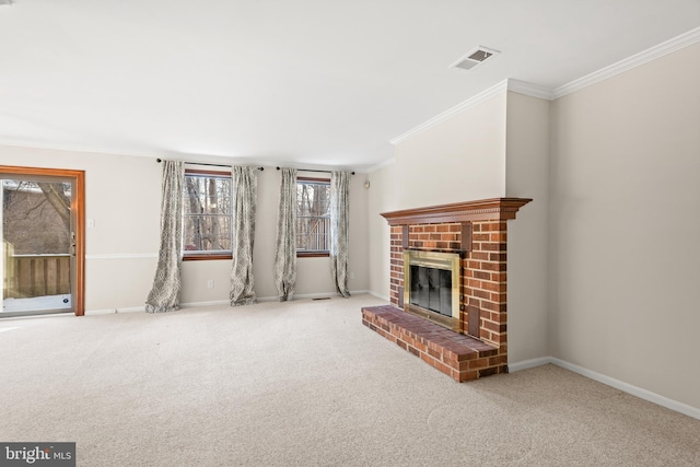 unfurnished living room featuring crown molding, a fireplace, and carpet