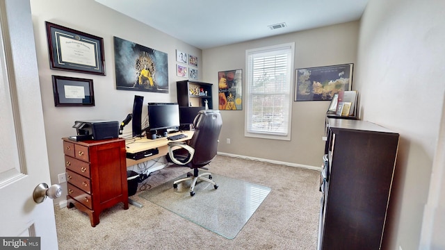 office area featuring light colored carpet