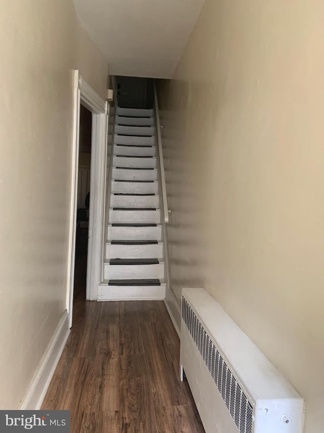 staircase featuring radiator heating unit and hardwood / wood-style flooring