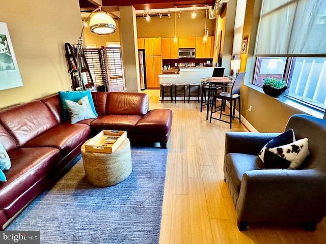 living room featuring track lighting and hardwood / wood-style flooring