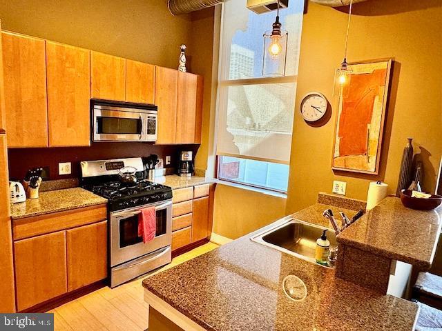 kitchen featuring pendant lighting, stainless steel appliances, and sink