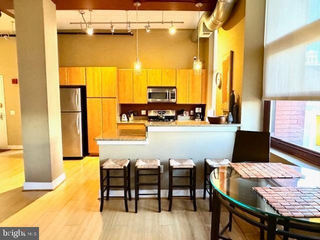 kitchen featuring a high ceiling, a kitchen breakfast bar, decorative light fixtures, appliances with stainless steel finishes, and light wood-type flooring