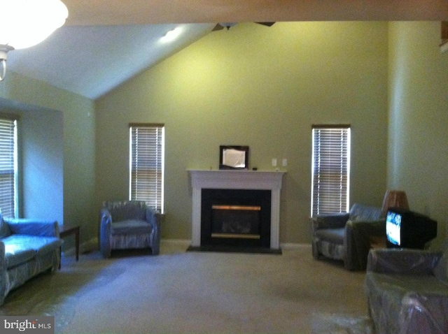 living room featuring carpet and lofted ceiling