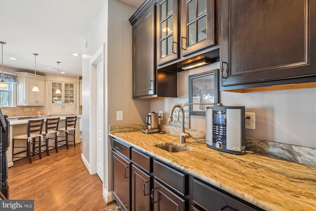 kitchen with sink, decorative light fixtures, light hardwood / wood-style floors, and dark brown cabinets