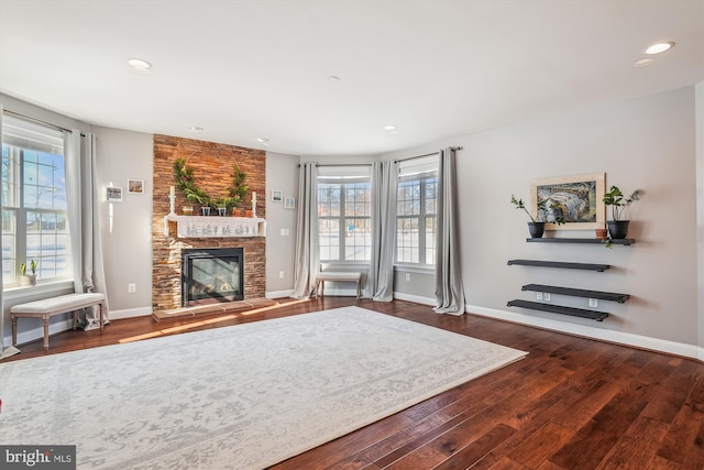 living room featuring a fireplace and dark wood-type flooring