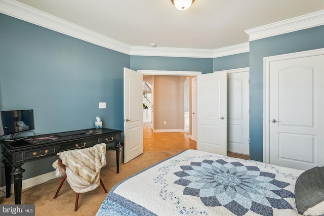 carpeted bedroom with crown molding