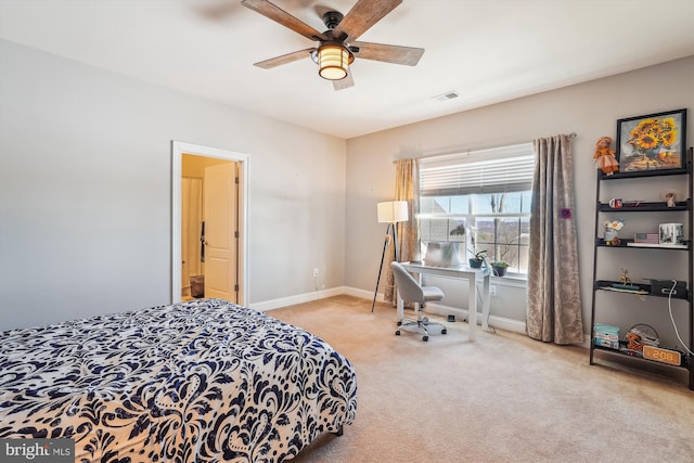 bedroom featuring ceiling fan and light colored carpet