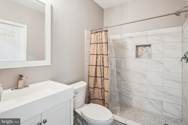 bathroom with a shower with curtain, toilet, and vanity