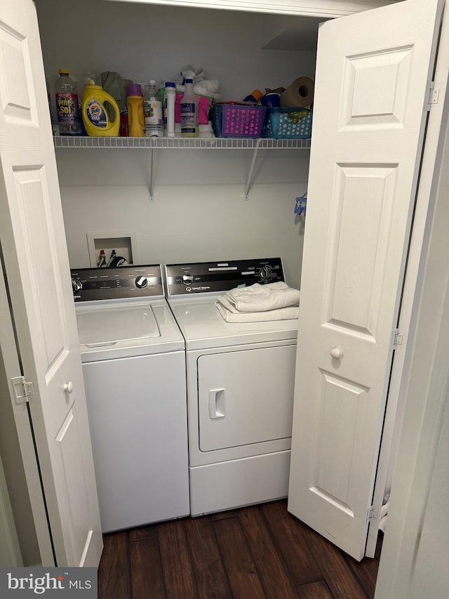 laundry room featuring dark hardwood / wood-style flooring and washing machine and dryer