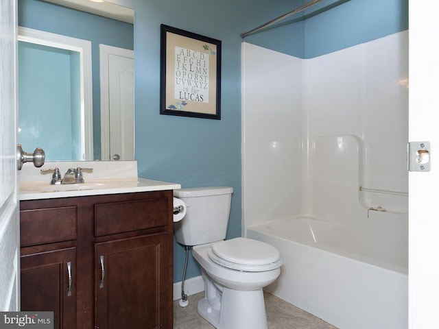 full bathroom with toilet, tile patterned flooring, shower / bath combination, and vanity