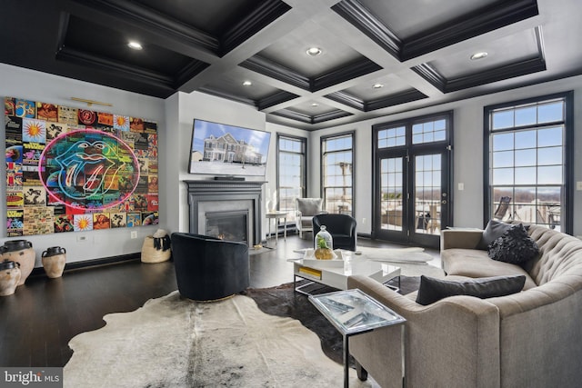 living room with beam ceiling, crown molding, coffered ceiling, and hardwood / wood-style floors