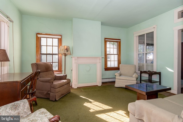 living room with carpet and baseboard heating