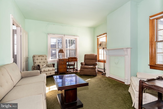 living room featuring carpet flooring and baseboard heating