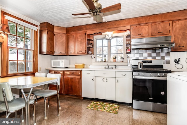 kitchen with ceiling fan, white cabinetry, plenty of natural light, and stainless steel stove