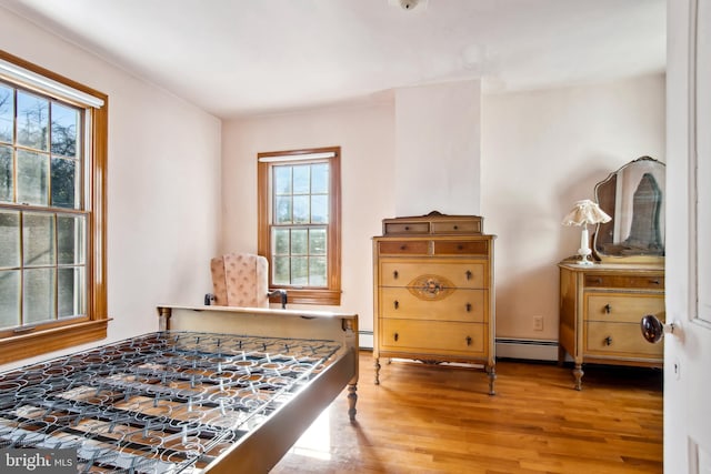 living area featuring plenty of natural light, wood-type flooring, and a baseboard radiator