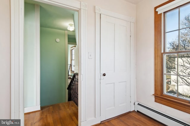 interior space featuring dark hardwood / wood-style flooring and baseboard heating