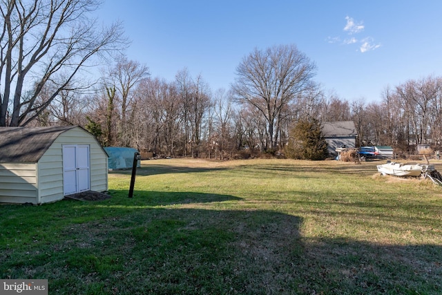 view of yard featuring a storage unit