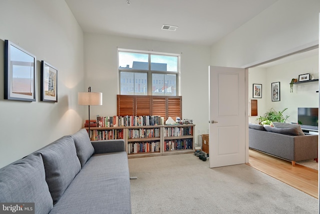 living area featuring carpet