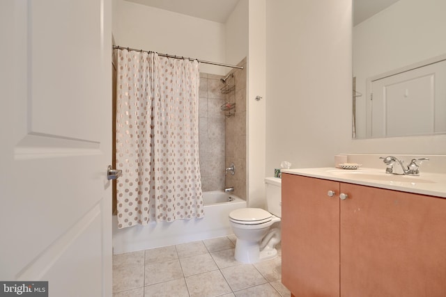 full bathroom with tile patterned floors, vanity, toilet, and shower / bathtub combination with curtain