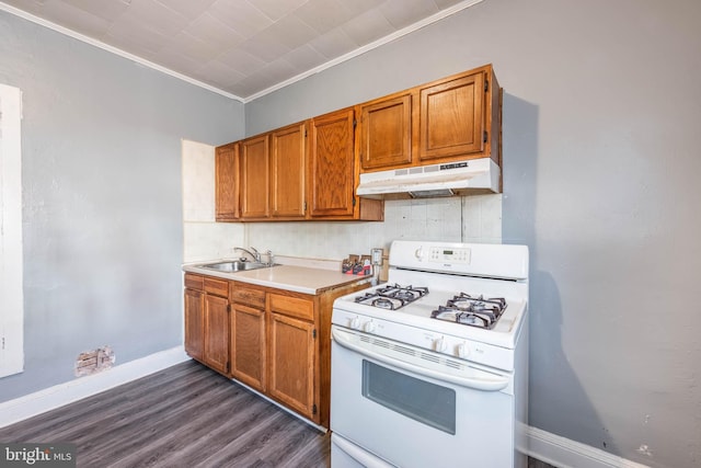 kitchen with crown molding, dark hardwood / wood-style flooring, sink, and white gas range oven