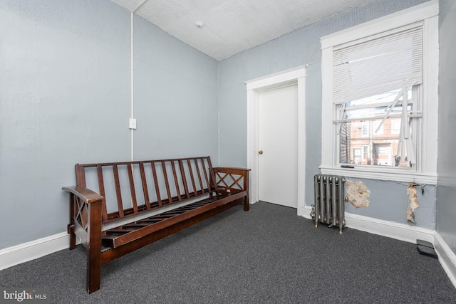 living area featuring radiator heating unit, a textured ceiling, and dark carpet