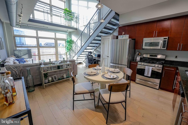 kitchen with light hardwood / wood-style floors and appliances with stainless steel finishes