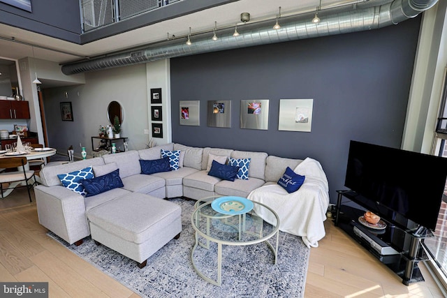 living room featuring light hardwood / wood-style floors and a high ceiling