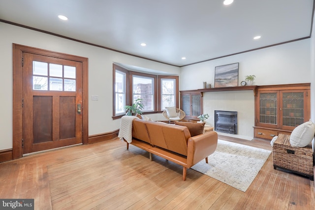 living room with crown molding and light hardwood / wood-style flooring