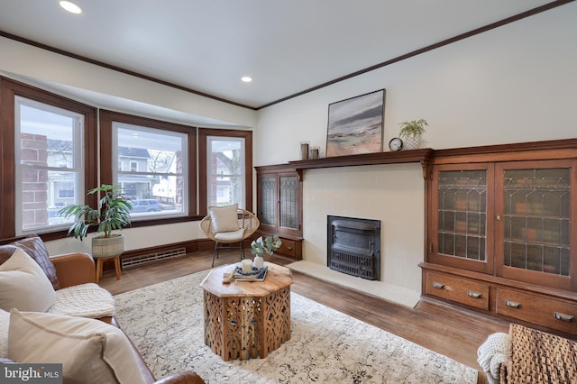 living room featuring wood-type flooring, crown molding, and a wood stove