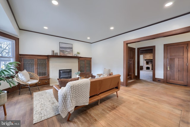 living room with crown molding and light hardwood / wood-style flooring