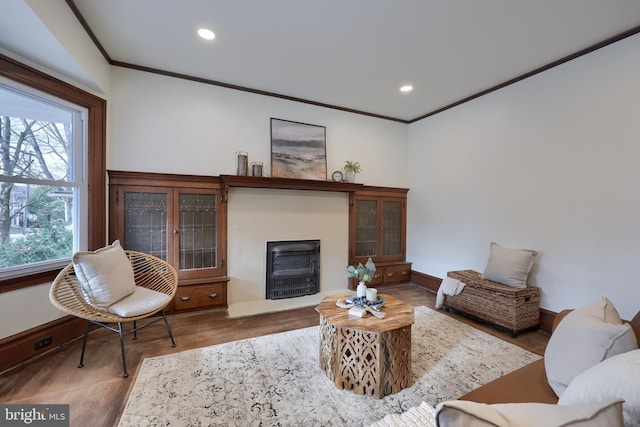 living room featuring hardwood / wood-style floors and ornamental molding