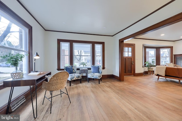 interior space with plenty of natural light, ornamental molding, and light wood-type flooring