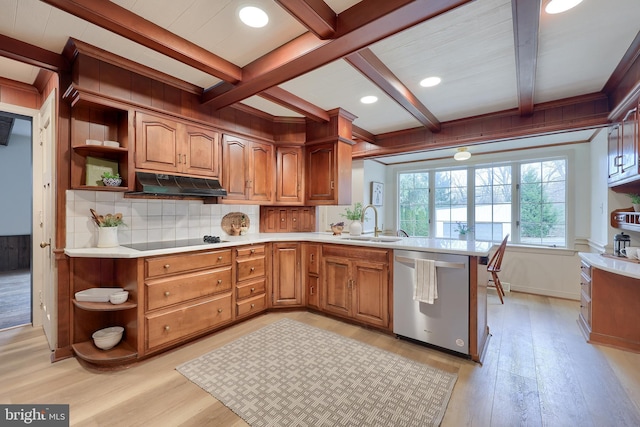 kitchen with stainless steel dishwasher, kitchen peninsula, black electric cooktop, decorative backsplash, and light wood-type flooring