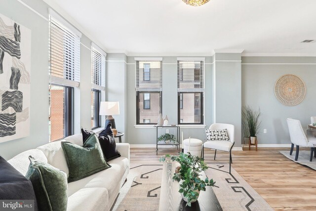 living room with light wood-type flooring and ornamental molding