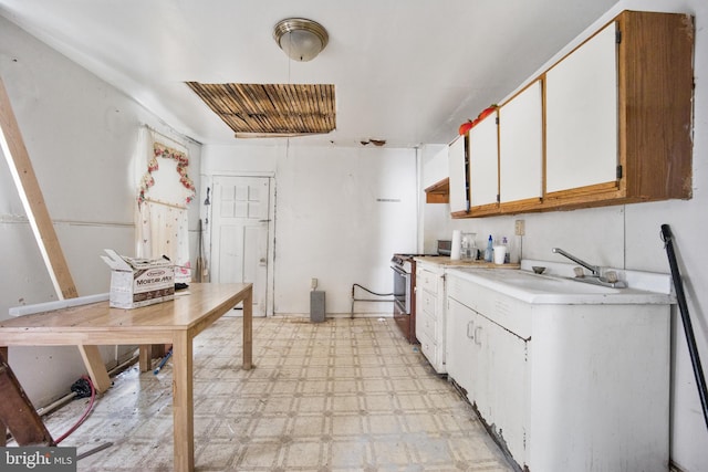 kitchen with white cabinets, stainless steel range, and sink