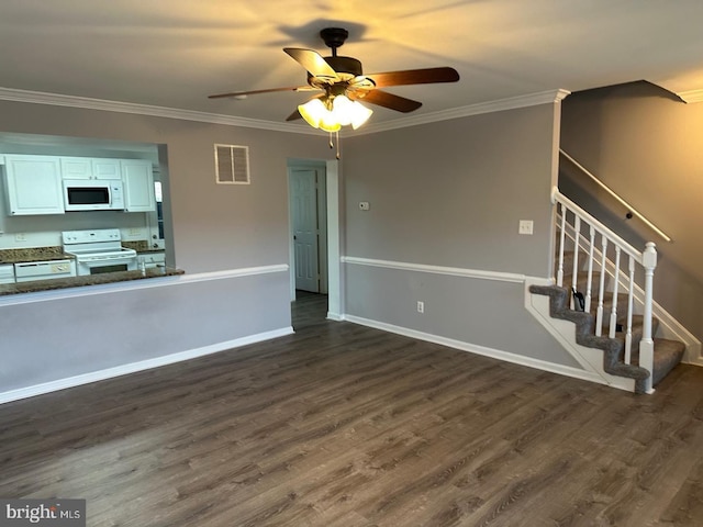 unfurnished living room with dark hardwood / wood-style flooring, ceiling fan, and ornamental molding