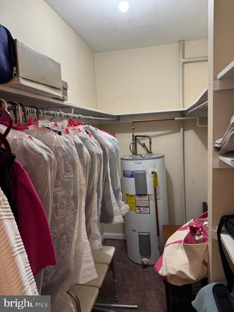 walk in closet with carpet floors and electric water heater