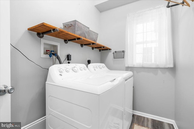 laundry area featuring washer and dryer and hardwood / wood-style flooring